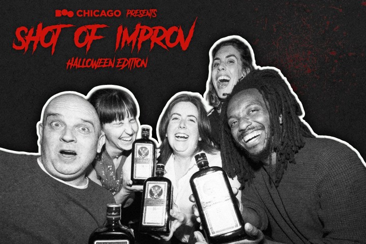 Five people laughing, holding bottles under 'Shot of Improv: Halloween Edition' text.