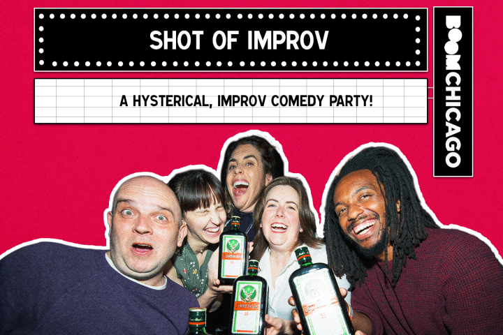 Five people smiling with liquor bottles under a sign reading 'Shot of Improv', on a red background.