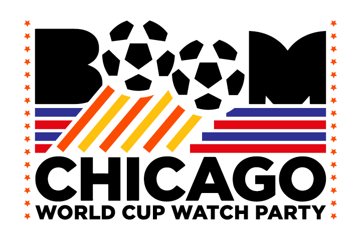 Text logo: BOOM Chicago World Cup Watch Party with soccer balls in 'OO' letters.