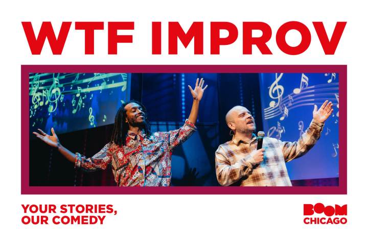 Two performers on stage with microphones, surrounded by musical notes background.