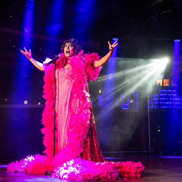 Performer in pink dress and boa singing on stage with spotlight.
