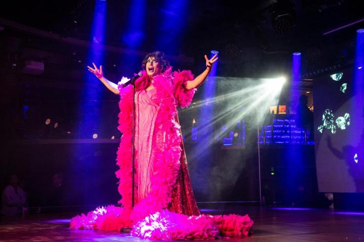 Performer in pink dress and boa singing on stage with spotlight.