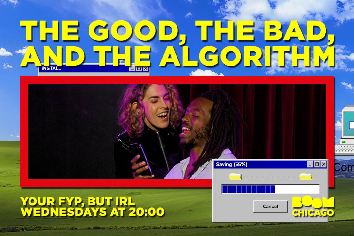 Two people smiling with text overlay about an event called 'The Good, The Bad, and The Algorithm'.