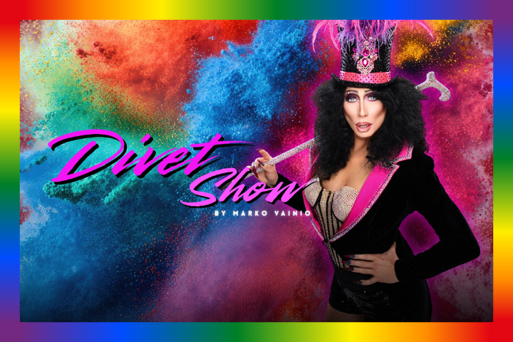 Performer in feathered hat with colorful background, text 'Divet Show'.