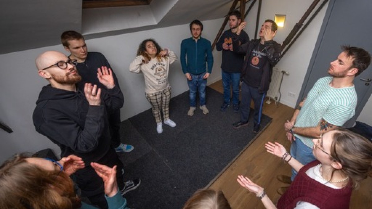 a group of people in a room