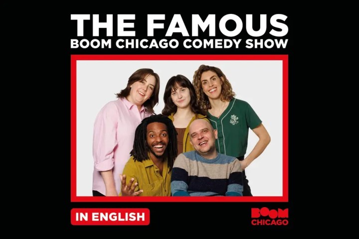 Five people smiling with 'The Famous Boom Chicago Comedy Show' text above, red border, Boom Chicago logo.
