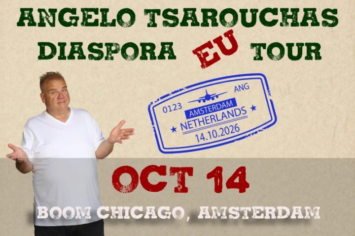 Man gesturing with text promoting Diaspora EU Tour in Amsterdam on Oct 14, 2026.