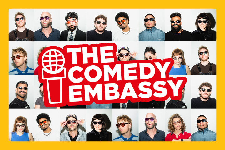 Grid of people wearing sunglasses with 'The Comedy Embassy' logo in front.