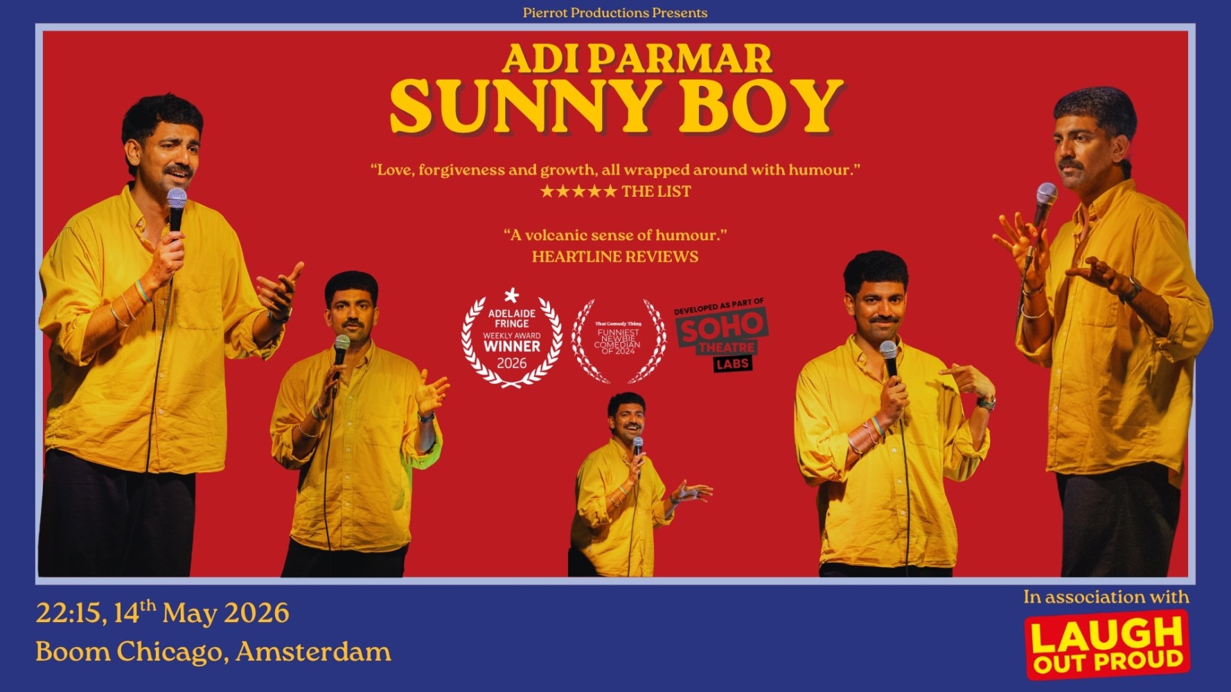 Comedian on stage holding a mic, yellow shirt, red background promoting a comedy show.