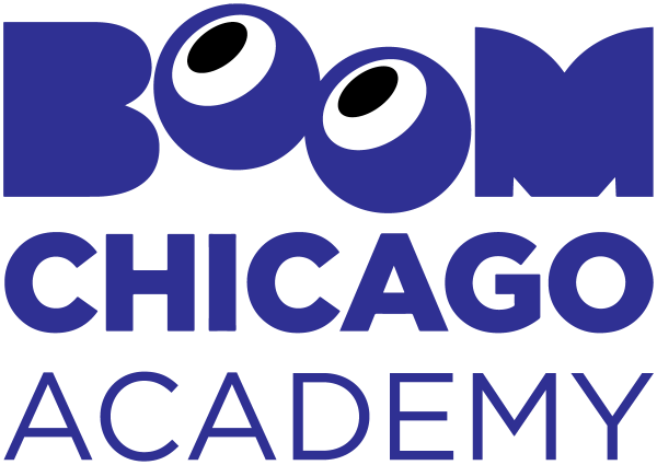 Logo with text 'Boom Chicago Academy' in bold blue with cartoon eyes.