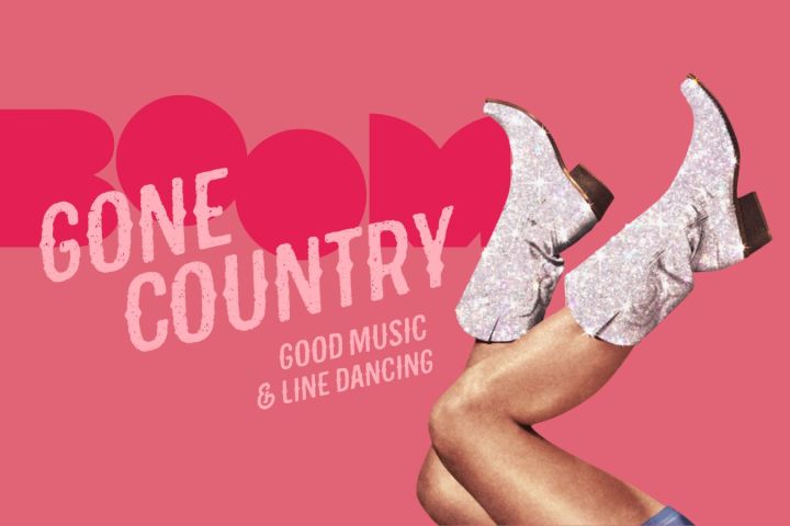 Pink background with glittery cowboy boots and text: 'Gone Country, Good Music & Line Dancing'.