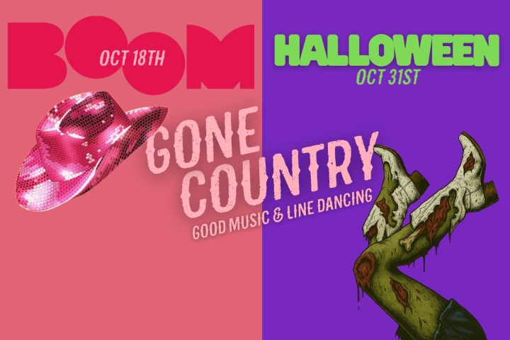 Split image: pink cowboy hat for event on Oct 18th, zombie legs in boots for Halloween on Oct 31st.