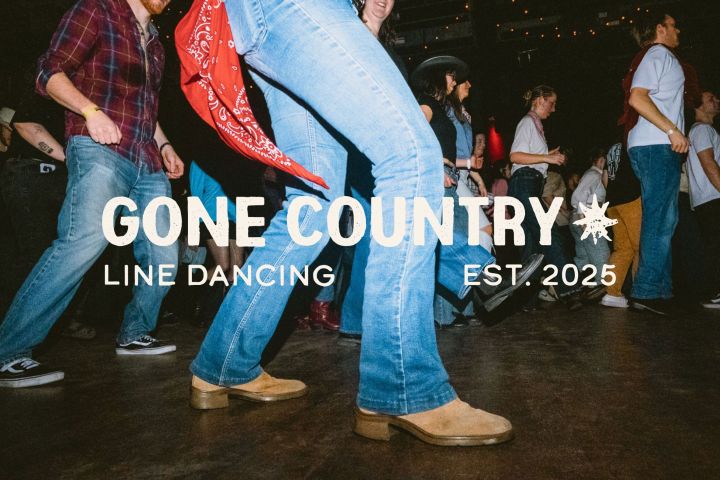 People line dancing in jeans with text 'Gone Country Line Dancing Est. 2025'.