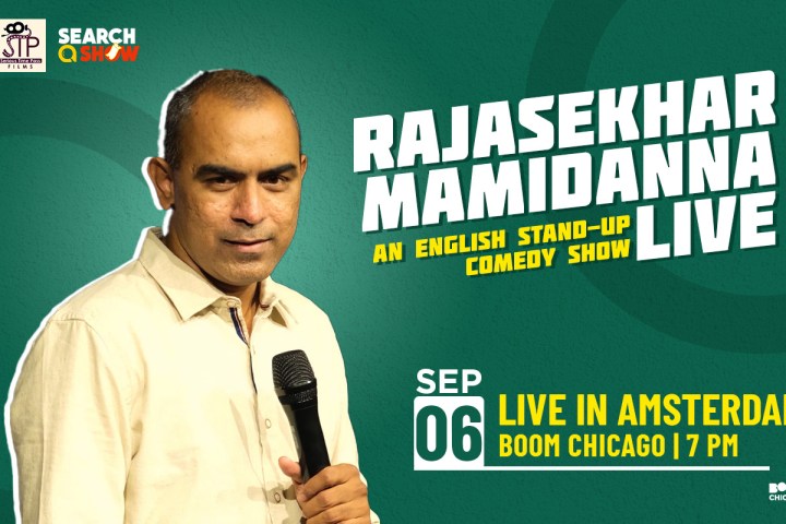 Poster for Rajasekhar Mamidanna's stand-up show in Amsterdam on Sep 6, 7 PM at Boom Chicago.