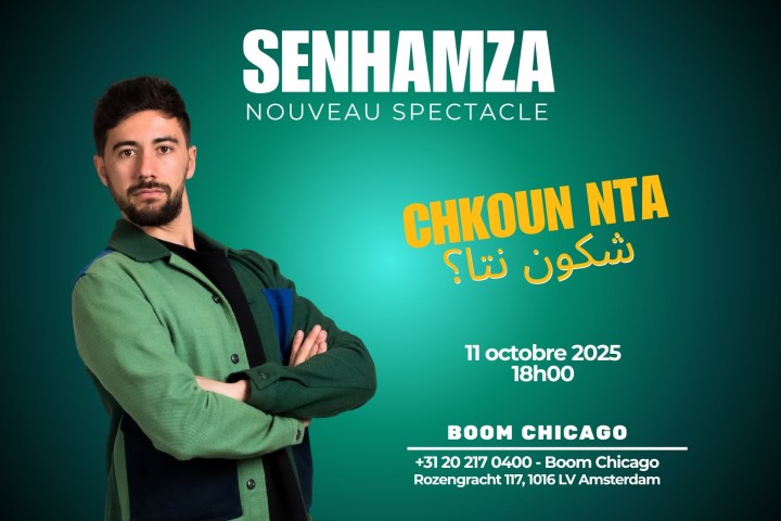 Poster for SENHAMZA show 'Chkoun Nta' at Boom Chicago, Amsterdam on October 11, 2025, featuring a person.
