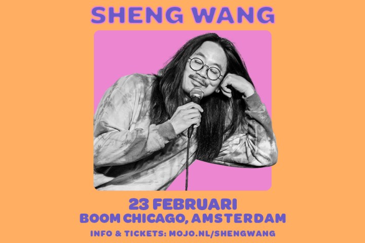 Sheng Wang comedy show poster with date and venue details in Amsterdam.