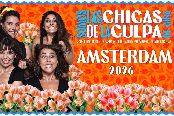 Four women smiling with text 'Las Chicas de la Culpa' and 'Amsterdam 2026', surrounded by tulips and orange pattern.