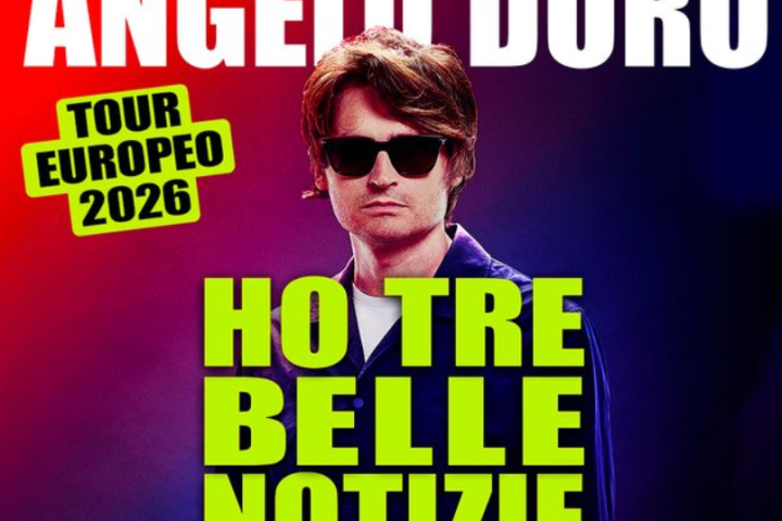 Colorful poster with person in sunglasses, bold text 'HO TRE BELLE NOTIZIE', and 'Tour Europeo 2026'.