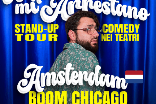 Man in front of blue curtain with text promoting a comedy tour in Amsterdam on January 26.