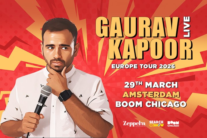 Illustration of man with microphone, text: 'Gaurav Kapoor Live, Europe Tour 2026, 29th March, Amsterdam, Boom Chicago.'