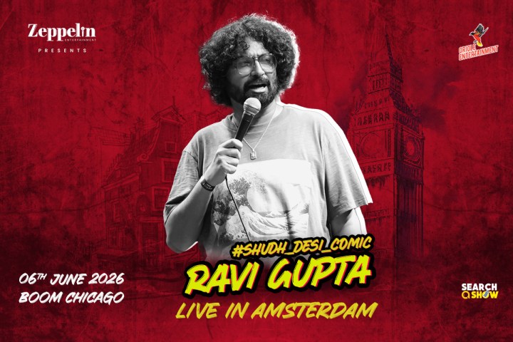 Comedian holding mic on red background with 'Ravi Gupta Live in Amsterdam' text for June 2026.