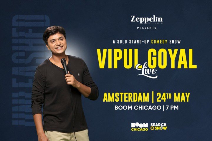 Comedian holding a mic, text promotes Vipul Goyal comedy show in Amsterdam, May 24th at Boom Chicago, 7 PM.