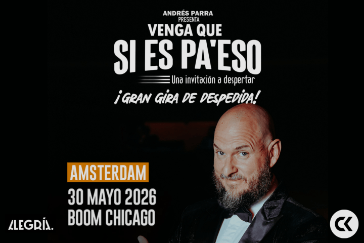 Event poster with a smiling man in a suit, text for a show in Amsterdam, May 30, 2026.