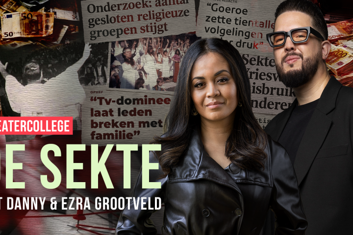 Man and woman posing, Dutch text in background about a theater college called 'De Sekte'.