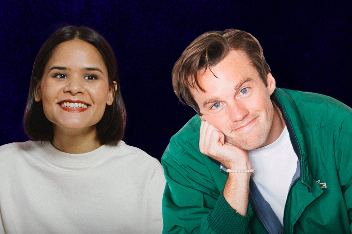 Smiling woman in white sweater and man in green jacket against dark blue background.