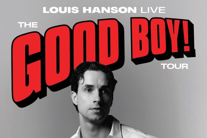 Black and white poster of a man in a white shirt for 'The Good Boy!' tour, dates and cities listed.