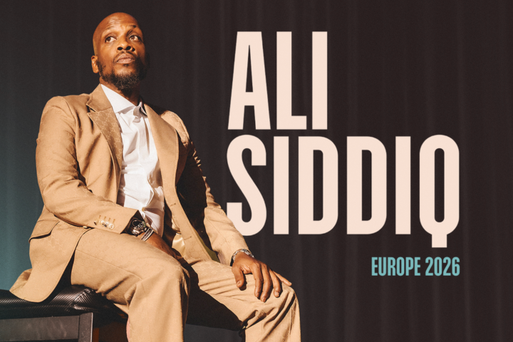 Person in a tan suit seated on a stool, text reads 'Ali Siddiq Europe 2026'.