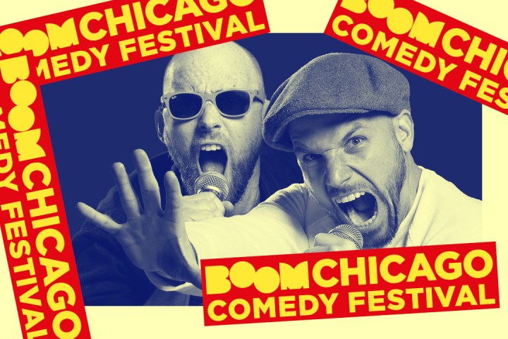Two men shouting with microphones, overlay reads 'Boom Chicago Comedy Festival'.