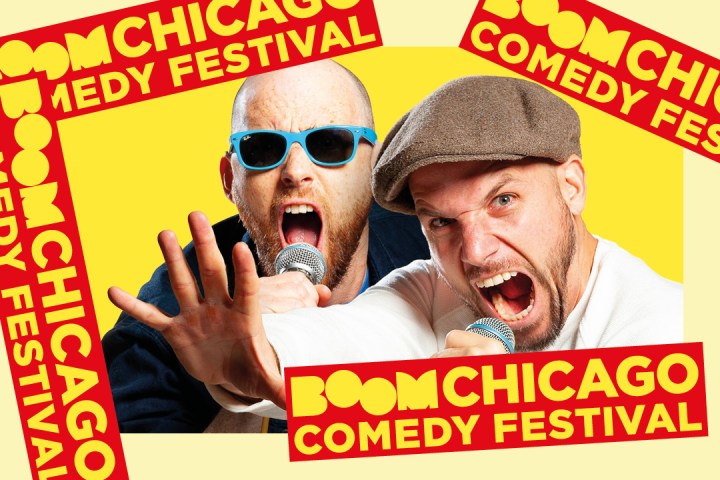 Two men energetically holding microphones, surrounded by 'Boom Chicago Comedy Festival' text.