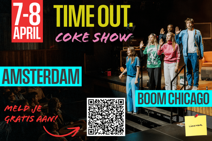 Stage with actors, text: 'Time Out, Coke Show', '7-8 April', 'Boom Chicago', QR code.
