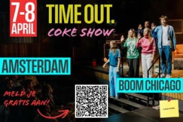 Theater group performing on stage with text promoting 'Time Out Coke Show' in Amsterdam at Boom Chicago.