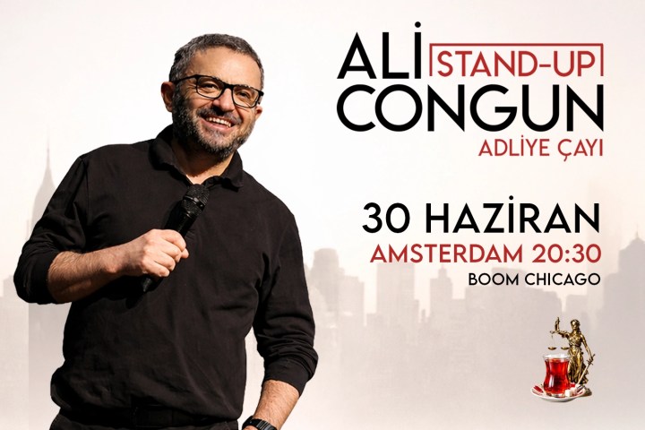 Man holding microphone, promoting a stand-up show on June 30 in Amsterdam.