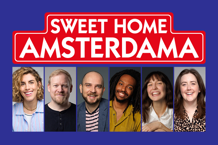 Group of six people smiling under 'Sweet Home Amsterdama' sign on blue background.