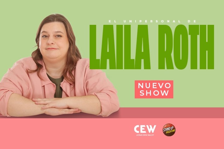 Person in pink shirt with folded arms, text: 'Laila Roth Nuevo Show' on green and pink background.