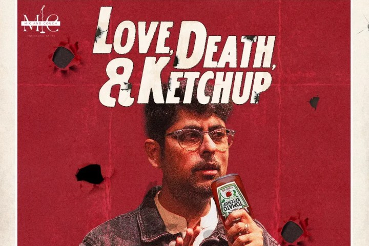 Comedian holds mic, poster for 'Love, Death, & Ketchup' standup in Amsterdam, on May 31, 2026.