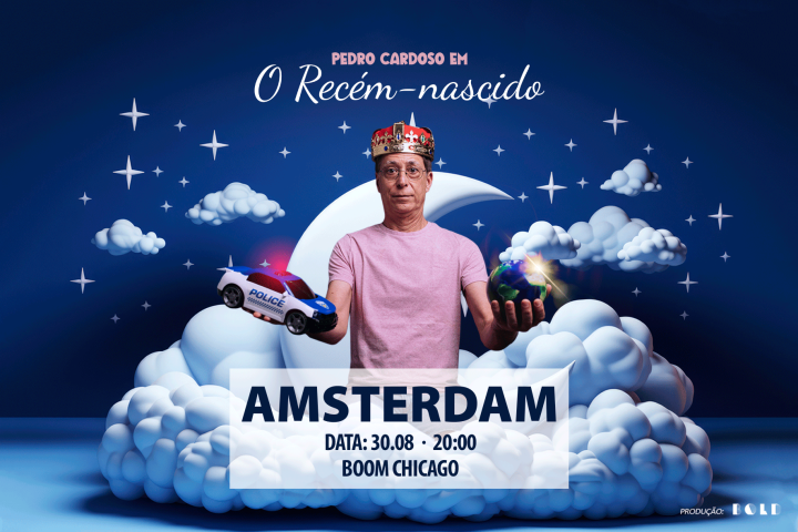 Man with crown holding globe in clouds, text about event in Amsterdam.