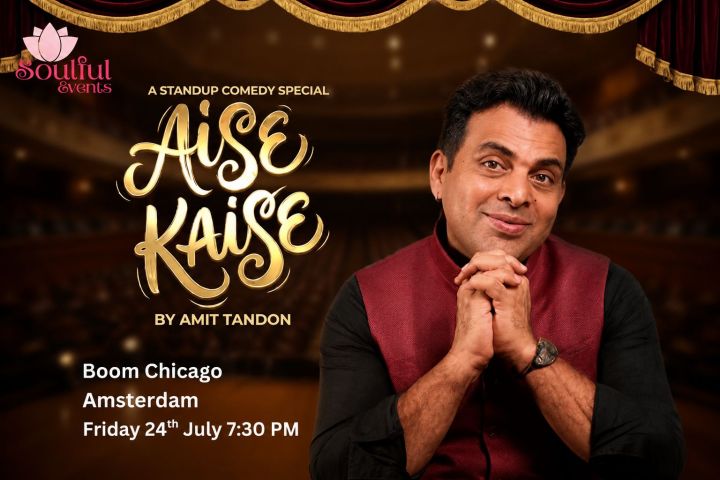 Man smiling, hands clasped, in comedy show poster with event details.