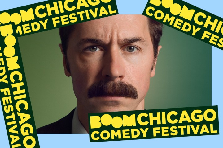 Man with mustache surrounded by 'Boom Chicago Comedy Festival' text.