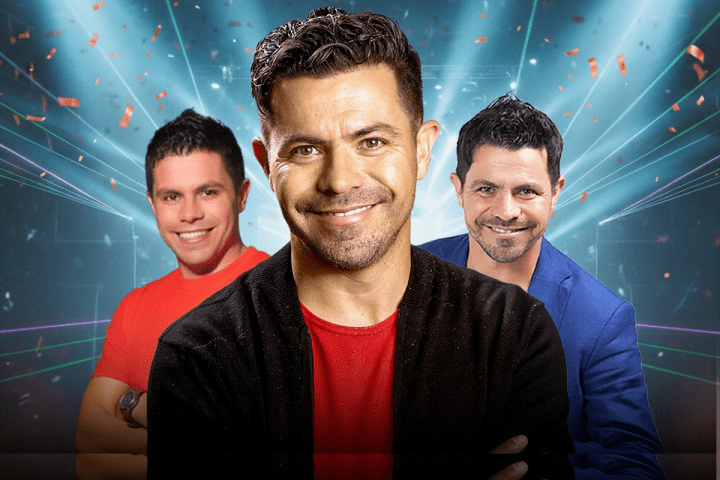 Three smiling men with short hair, standing in front of a backdrop with confetti and light beams.