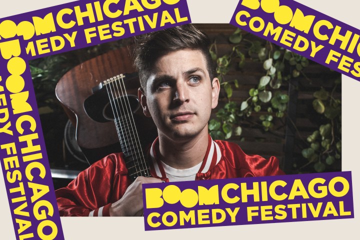 Person with guitar, surrounded by 'Boom Chicago Comedy Festival' text.