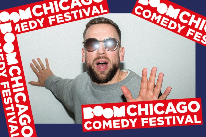 Man with sunglasses posing, surrounded by Boom Chicago Comedy Festival logos.