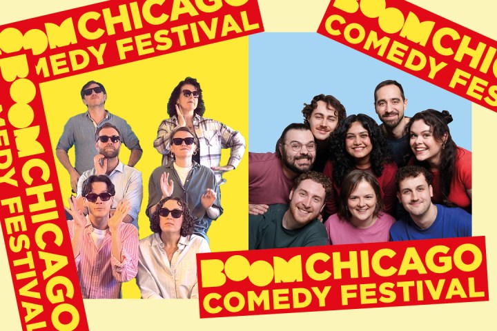 Two groups of people posing with 'Boom Chicago Comedy Festival' text.