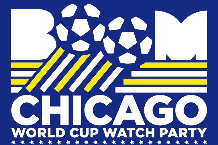 Event poster with large text 'Boom Chicago World Cup Watch Party, 25 June, Curaçao/Ivory Coast'.