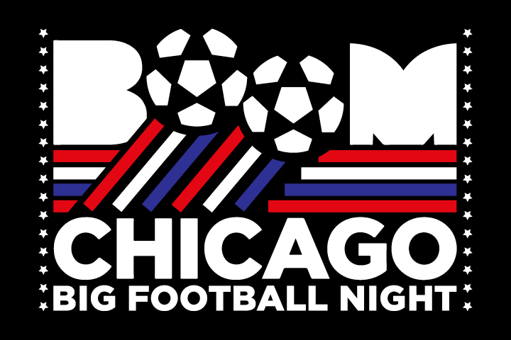 Boom Chicago Big Football Night logo with soccer balls and colored stripes.