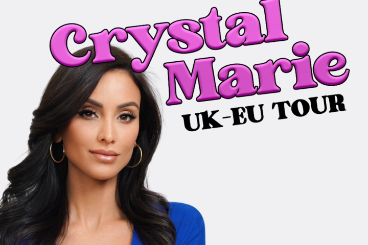 Woman with dark hair, text: 'Crystal Marie UK-EU Tour' in pink and black.