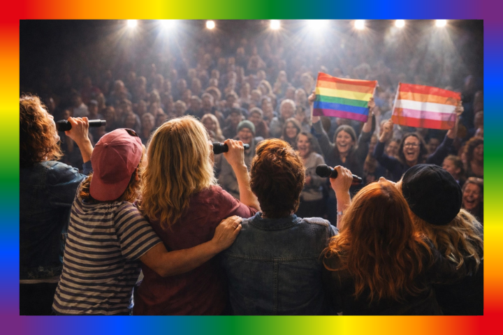 Group of people on stage singing to a cheering crowd with rainbow flags.